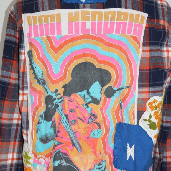 Upcycled Flannel Shirt Jimi Hendrix Grunge Rock Men's L Festival Shacket - Picture 5 of 8